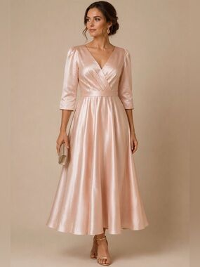 Satin Blush Pink V-Neck Long Sleeve Midi Dress